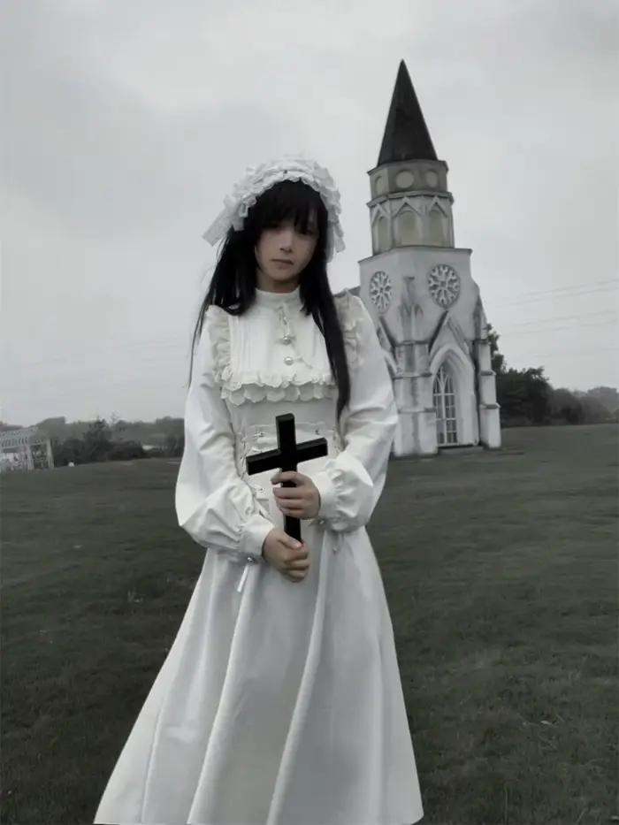 Robe gothique Lolita Y2K Mothybot en polyester avec dentelle et lacets pour femmes, coupe régulière, manches lanternes, fermeture éclair, longueur cheville, style rétro, occasions spéciales