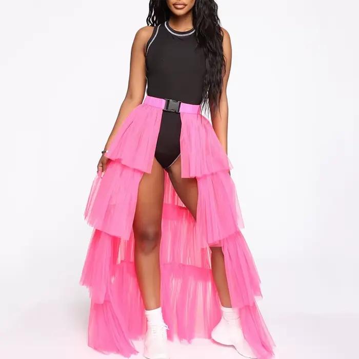 Jupe Longue Plissée Néon Transparente en Maille Multicouche pour Femme