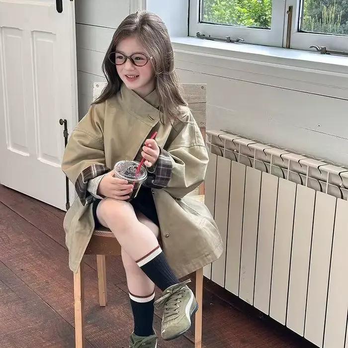 Trench-coat pour filles, nouveau style, veste mi-longue rétro décontractée pour enfants, printemps et automne, 90-150cm