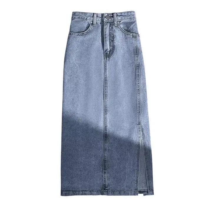 Femmes en détresse Denim jupe épissé enveloppement fesses jupes taille haute lavé solide cheville longueur fermeture éclair mouche poches décontracté
