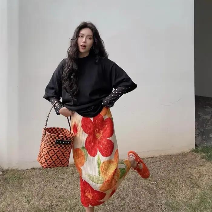 Jupe mi-longue à imprimé floral vintage pour femmes