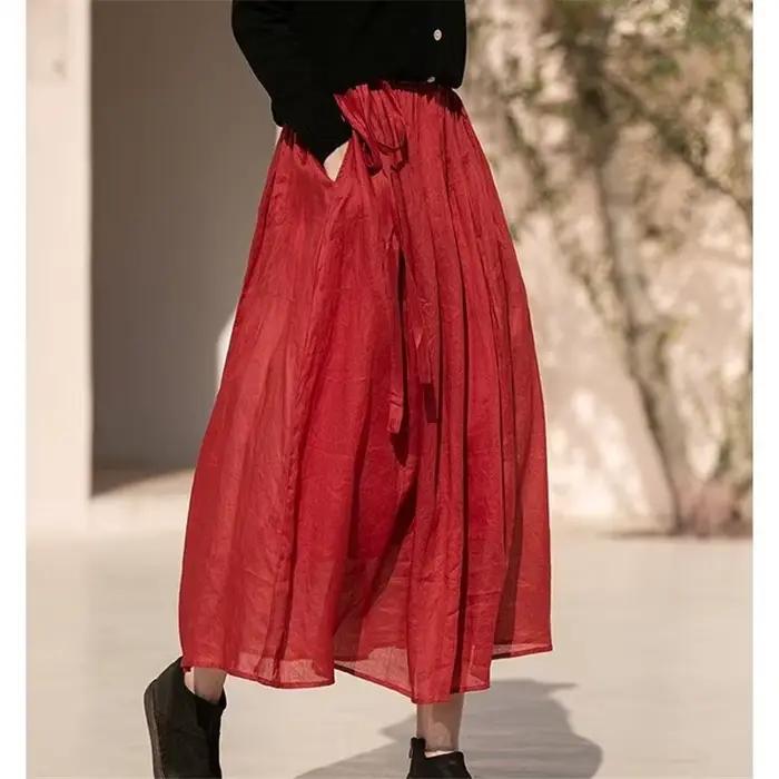 Jupe plissée A-Line pour femmes, mi-longue, décontractée, en coton et lin, polyvalente, pour été, avec poche, silhouette une ligne