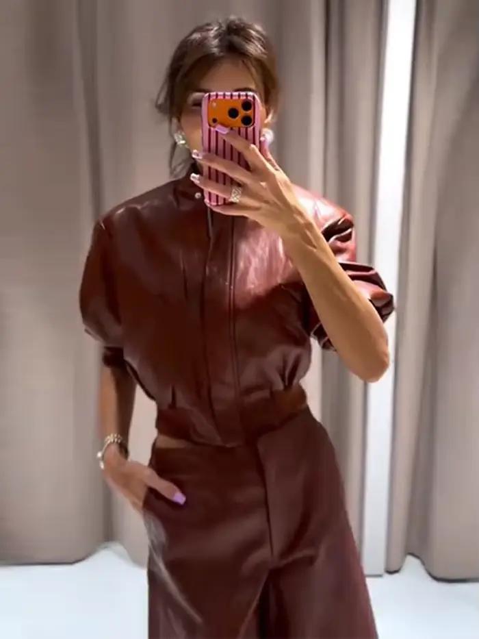 Ensembles Jupe-Culotte Femme en Similicuir avec Veste à Épaulettes et Mini-Jupes – Nouveauté Printemps – Manteaux Amples à Manches Longues Chic pour Soirées