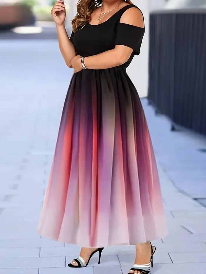 Robe longue à imprimé arc-en-ciel élégante en polyester pour femmes grandes tailles occasions spéciales soirée星空彩虹印花长裙女士大码优雅场合晚会专用