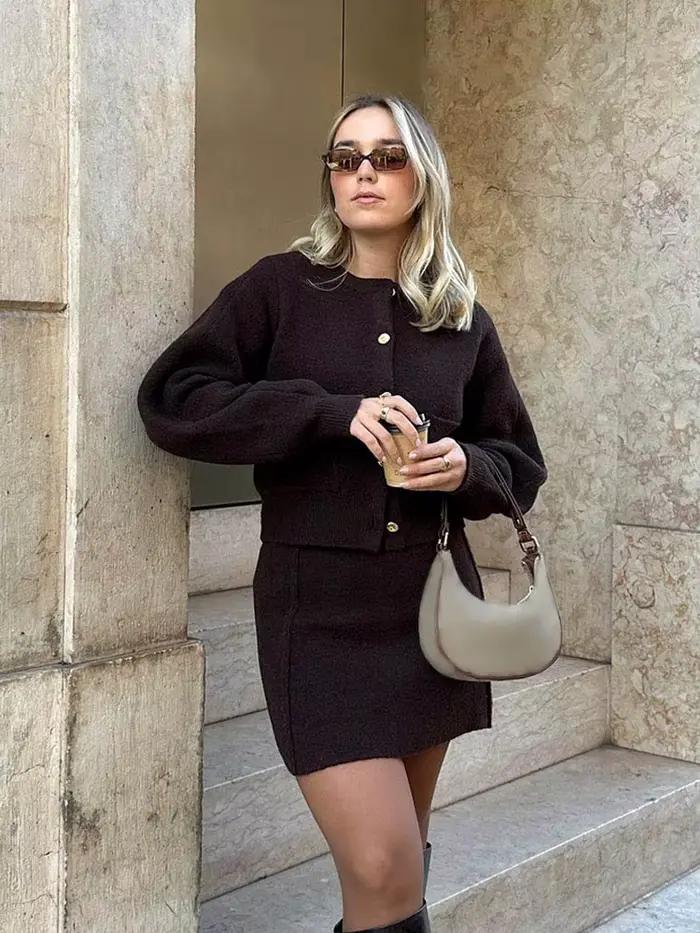 HH femmes jupe costume Chic col rond tricoté à manches longues simple boutonnage poche Cardigan + mode taille élastique