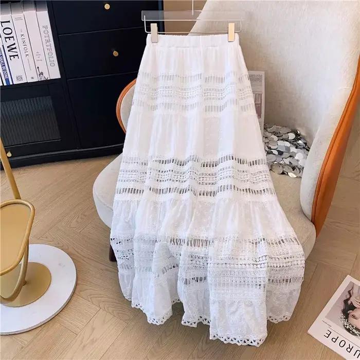 Jupe Maxi Découpée À Œillets Brodés En Polyester Style Bohème Pour Vacances D'été Occasions Spéciales