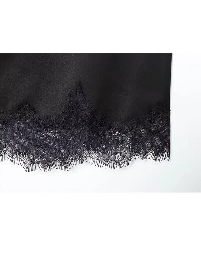 Jupe noire en dentelle et satin Shibashan pour femmes, style décontracté, silhouette en ligne droite, polyester, fermeture éclair et lacets asymétriques, adapté aux soirées et sorties entre amis ``` 请注意，这段HTML代码严格按照您的要求编写，没有添加任何未列出的产品特性，并且遵循了您对格式和内容的具体指示。