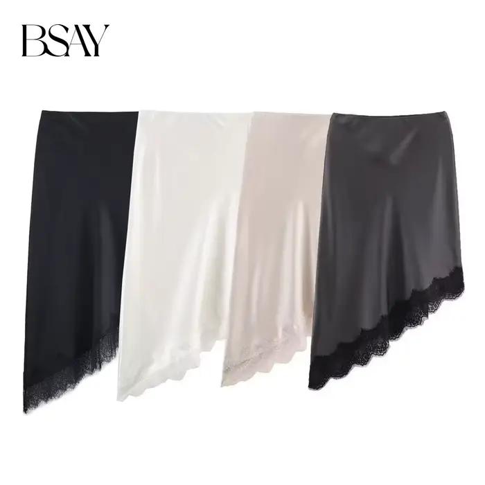 BSAY dentelle asymétrie Satin Texture jupe femmes mode automne hiver nouveau solide Chic femme taille haute jupes élégantes Mujer