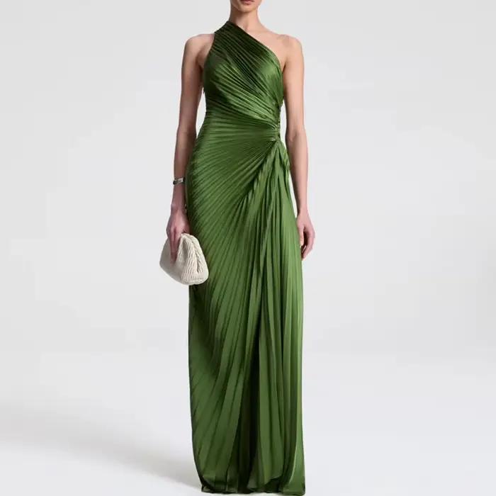 Robe de soirée asymétrique plissée verte