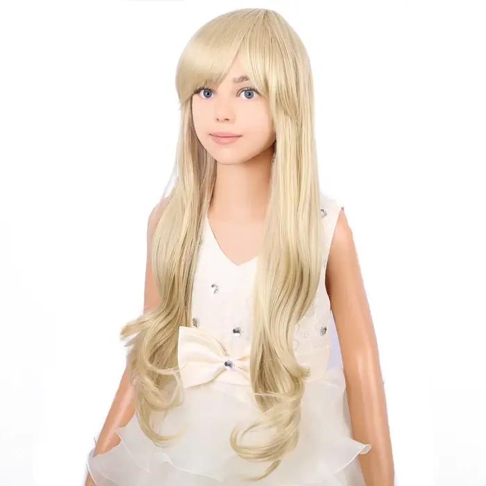 Perruque longue blonde ondulée pour enfants, perruque blonde avec frange pour filles, perruques longues blondes claires, perruque synthétique