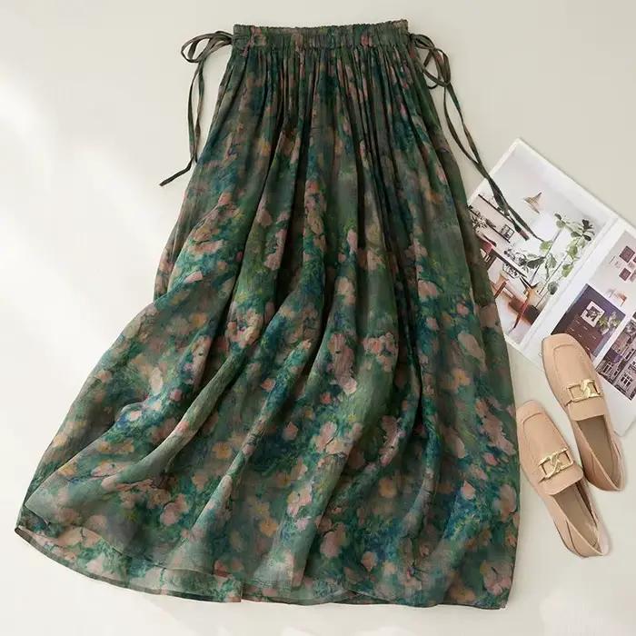 Jupe longue imprimée Vintage en polyester et coton, motif floral, taille élastique, style décontracté, fluide, littéraire, artistique, pour femmes, toutes saisons, occassions spéciales