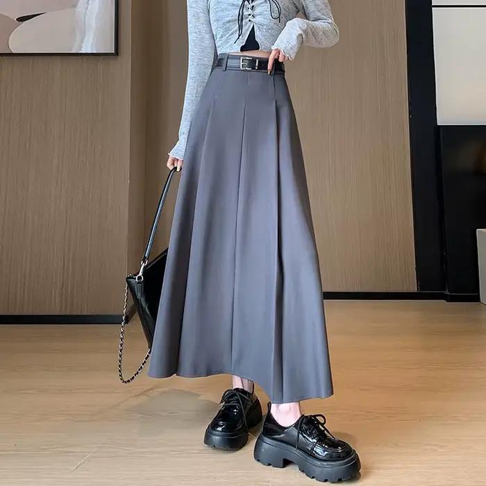 Jupe Longue Plissée Noire Élégante de Style Coréen pour Femme Occasions Spéciales Bureau Événements Formels Tenue Chic