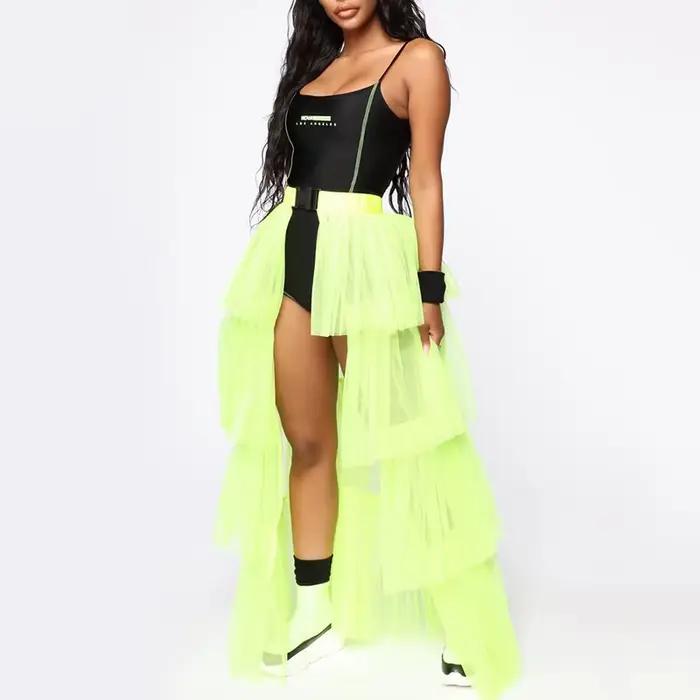 Jupe Longue Plissée Néon Transparente en Maille Multicouche pour Femme
