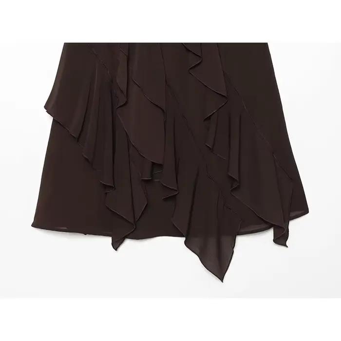 YENKYE Jupe midi asymétrique à volants marron foncé pour femme