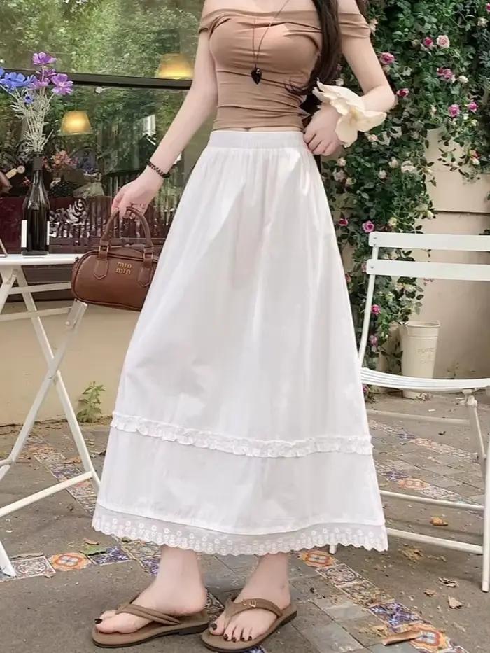 Jupe longue taille haute style coréen pour femme été 2026 jaune avec dentelle douce coupe parapluie élastique large pour toutes les occasions élégante à offrir