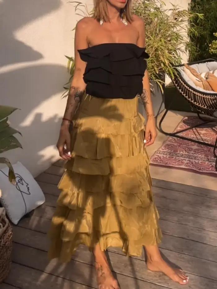 Jupe mi-longue à plusieurs niveaux pour femmes vert armée vintage décontractée élégante longue chic streetwear mode taille élastique kobiecy