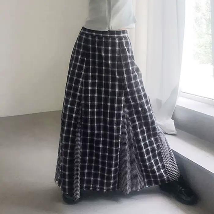 Femmes Plaid jupe longue rétro épissage taille haute