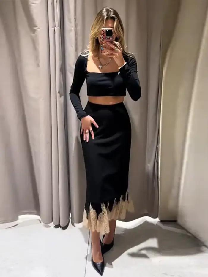 Jupe mi-longue noire pour femmes, ourlet en dentelle, ligne a, taille haute, Slim, printemps-automne, dîner, fêtes, correspondance quotidienne, 2026