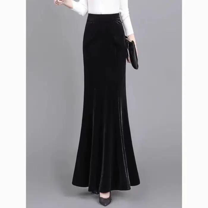 Jupe longue élégante en velours coupe sirène automne hiver confortable pour femmes occasions spéciales sophistiquées