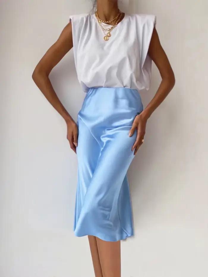 2025 élégant solide violet Satin soie jupe femmes taille haute été