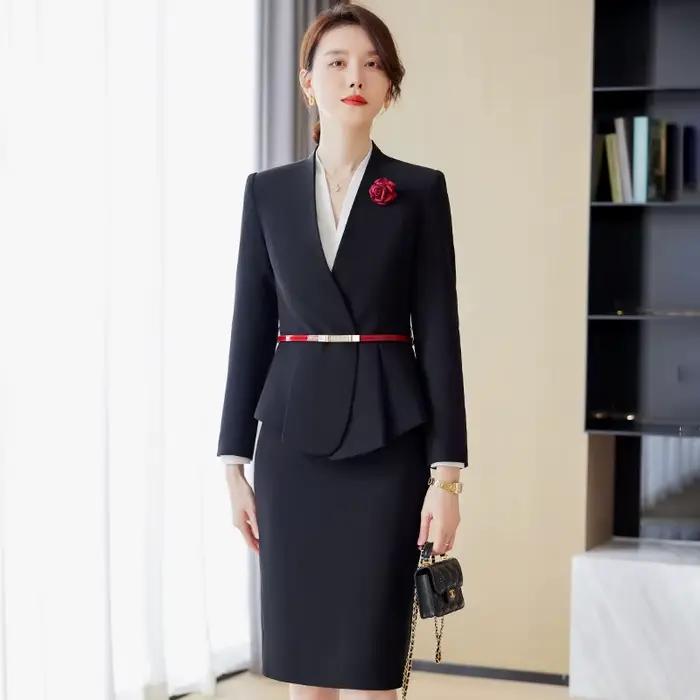 Ensemble blazer à manches longues et jupe mi-longue pour femmes élégant et confortable style bureau dame automne hiver polyester élasthanne ocasiones professionnelles et soirées spéciales