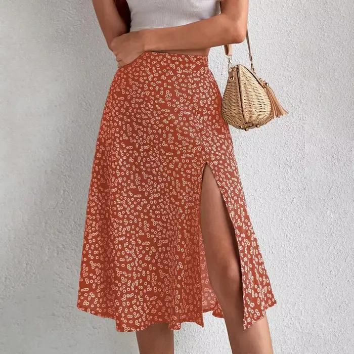 Jupe mi-longue taille haute à imprimé floral pour femmes
