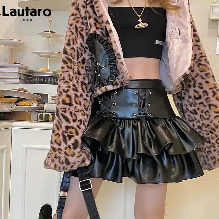 Jupe courte en cuir noir à lacets Lautaro pour femme