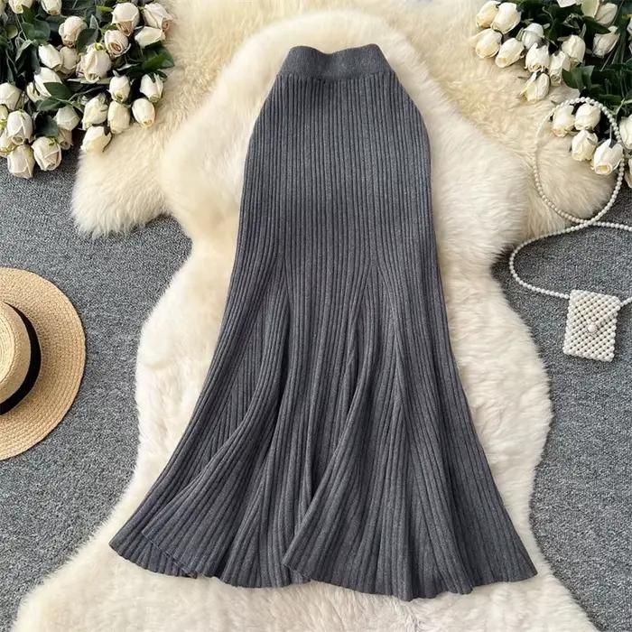 Jupe sirène tricotée française extensible, taille haute, chic et épais, pour femmes, automne hiver, tenue d'anniversaire, matériau coton polyester