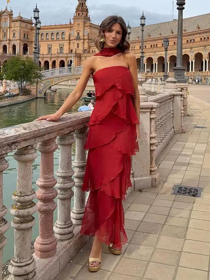 Robes longues sans bretelles à volants en cascade pour femmes