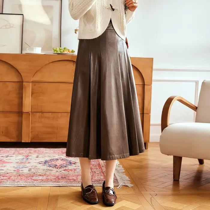 Jupe longue plissée OLrain en cuir synthétique pour femmes, style rétro chic, coupe trapèze décontractée, élégance intemporelle, idéale pour vos journées printanières et automnales