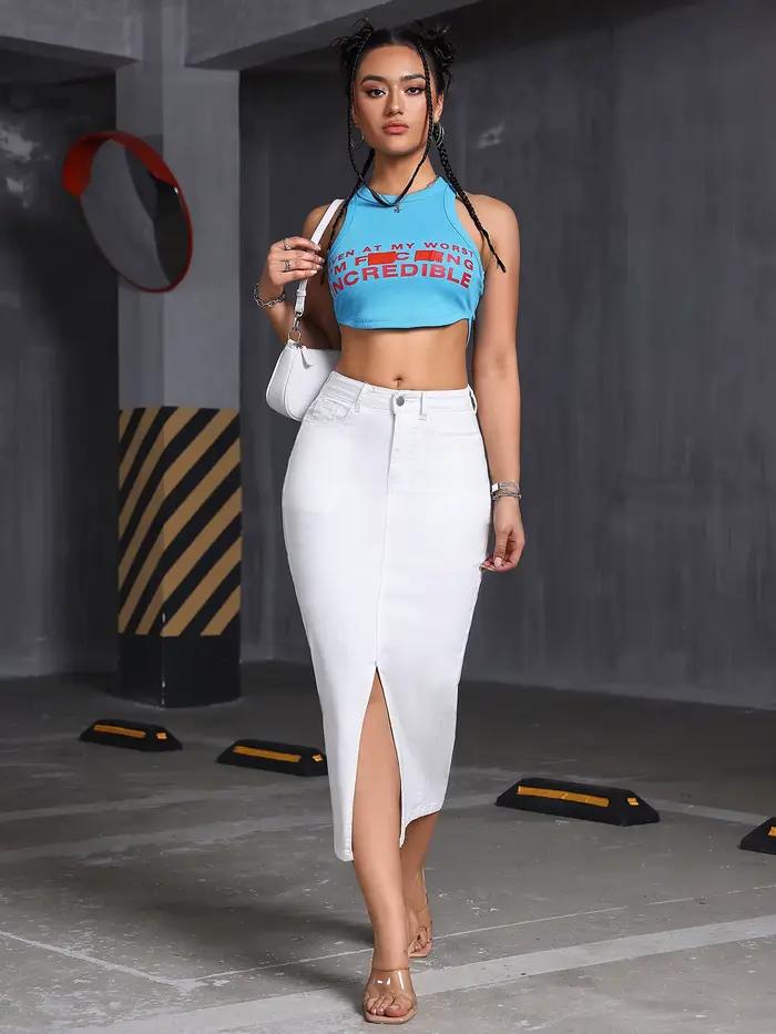 Nouvelle jupe trapèze mi-longue pour femme avec fente, style simple