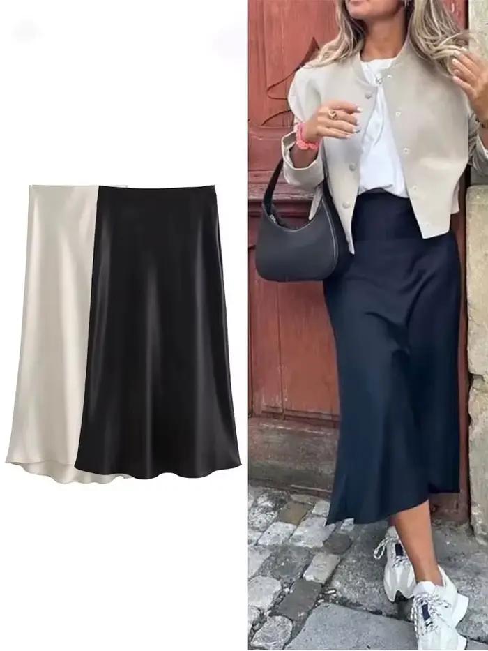 HH femmes élégant solide Satin jupe longue Chic Y2K taille haute jupes minces femme mode soie Texture dames serré
