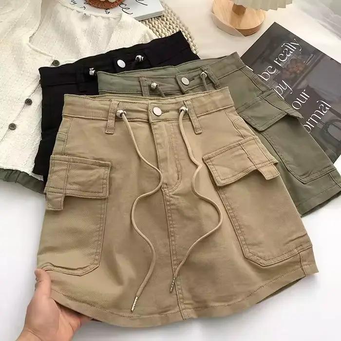Mini-jupe en jean rétro taille haute avec cordons de serrage des deux côtés pour femme – Collection Automne 2025 – Design polyvalent et tendance