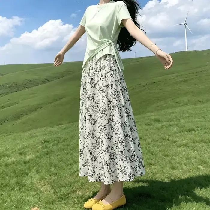 Jupe midi pour femme, taille haute élastique