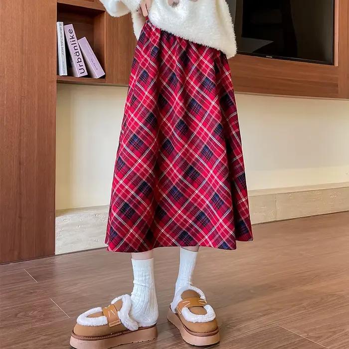 Jupe longue plissée pour femmes style preppy taille haute mi-longue texture coréenne streetwear jupe à carreaux automne hiver occassions spéciales
