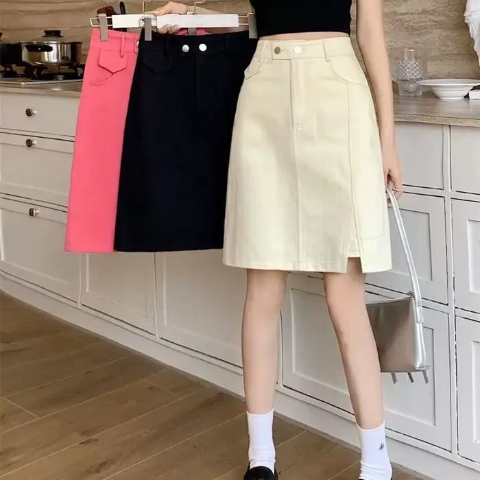 Jupe en jean polyester pour femme, coupe trapèze, taille haute, mi-longue, plage, streetwear, printemps été 2026