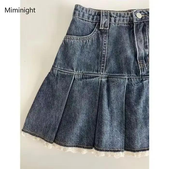 Jupe en jean bleu pour femme, patchwork de dentelle douce, mini jupes plissées Y2k, mode coréenne, mince, taille haute, ligne A, streetwear décontracté pour femmes toutes saisons