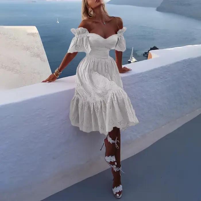 Robe mi-longue pour femmes, épaules dénudées, points solides, épissure Sexy, serrée, taille haute, col en V, ligne A, élégante, Slim Fit