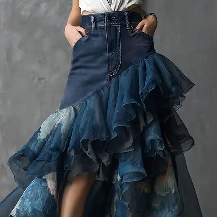 Jupe longue asymétrique en jean patchwork à volants taille haute avec superposition de tulle transparent pour femme – Tenues de mode féminines