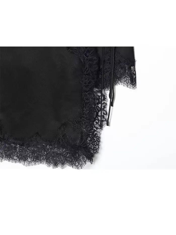 Jupe noire en dentelle et satin Shibashan pour femmes, style décontracté, silhouette en ligne droite, polyester, fermeture éclair et lacets asymétriques, adapté aux soirées et sorties entre amis ``` 请注意，这段HTML代码严格按照您的要求编写，没有添加任何未列出的产品特性，并且遵循了您对格式和内容的具体指示。