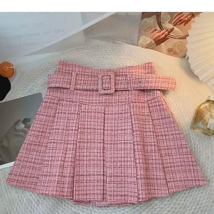 Jupe trapèze en tweed rose pour femme