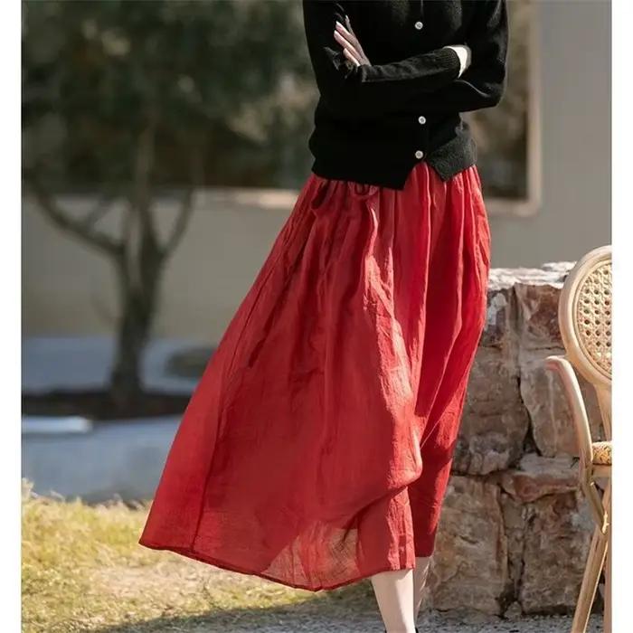 Jupe plissée A-Line pour femmes, mi-longue, décontractée, en coton et lin, polyvalente, pour été, avec poche, silhouette une ligne