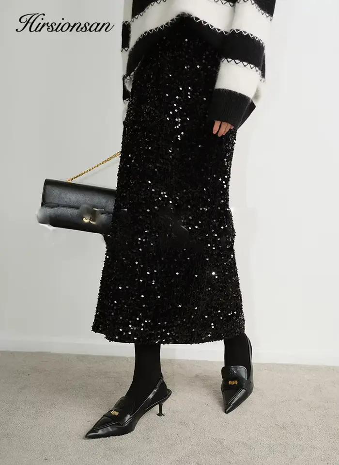 Hirsionsan-Jupe à paillettes taille haute pour femme