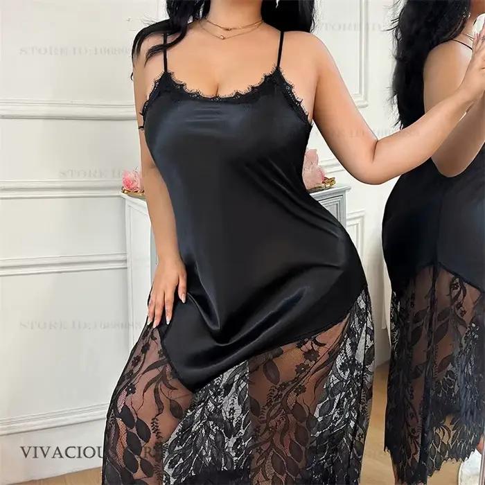 Grande Taille 3XL-5XL Robe de Nuit Longue d'Été pour Femme, Vêtement de Nuit, Robe d'Intérieur Sexy en Dentelle Patchwork, Chemise de Nuit en Rayonne, Tenue de Détente