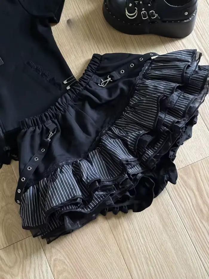 Harajuku filles rayure Punk Grunge jupes femmes Y2k esthétique taille haute gâteau Mini Streetwear dentelle Vintage