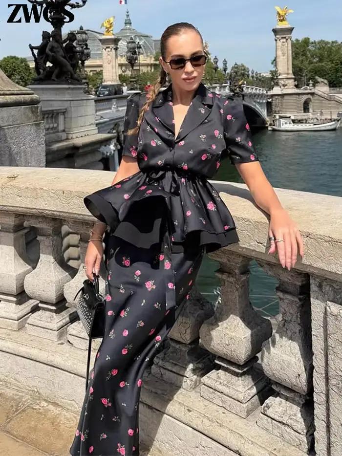Ensemble de jupes pour femmes à imprimé floral et volants, hauts élégants à col en V et manches courtes avec lacet à la taille, jupe longue ajustée, nouvelles tenues 2026 pour soirées officielles