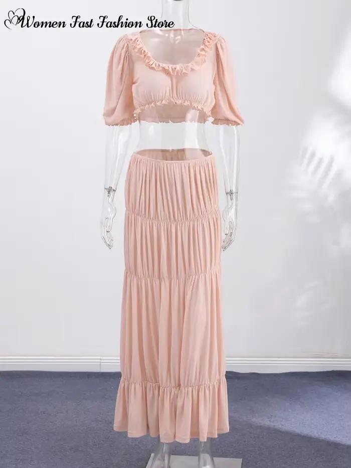 Ensemble haut court à volants et jupe longue plissée pour femme