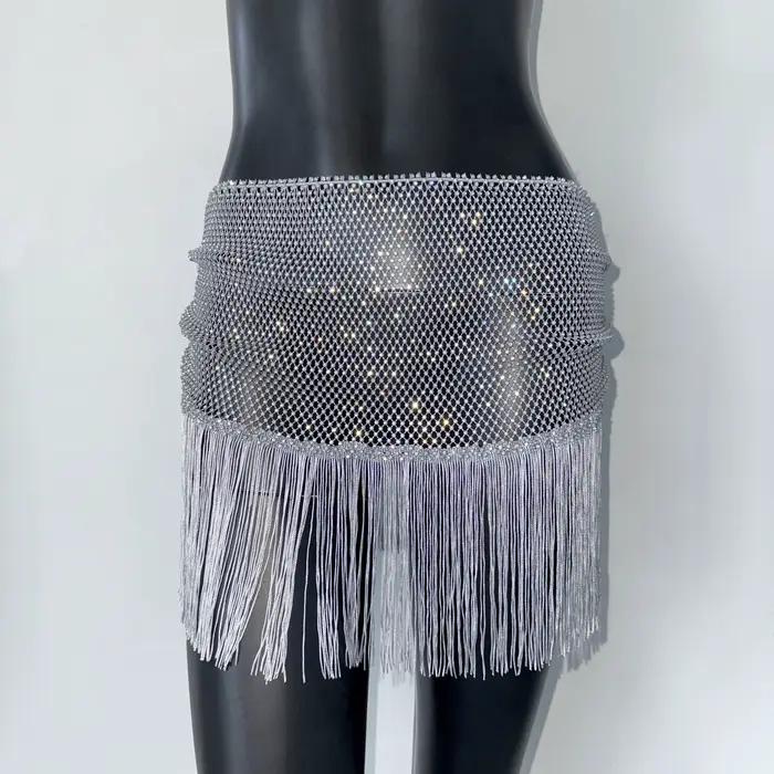 Mini jupe à franges en strass brillant pour femmes
