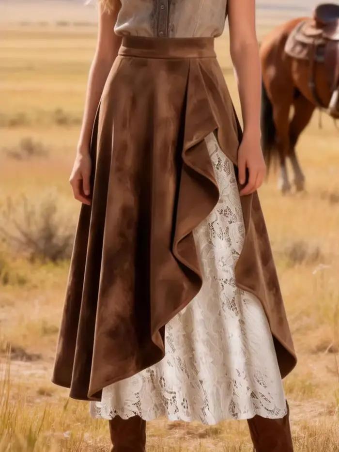 Jupe mi-longue en daim marron pour femme