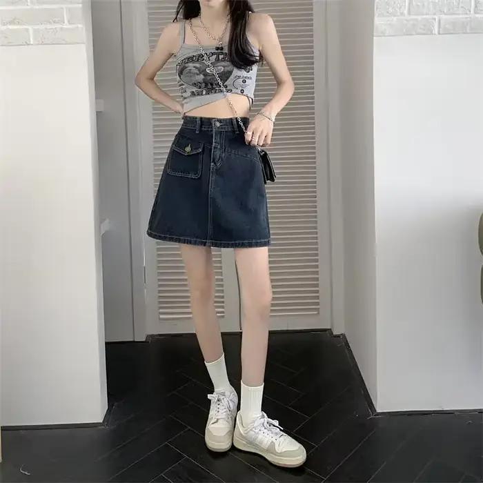 Jupe en jean femme rétro bleu taille haute